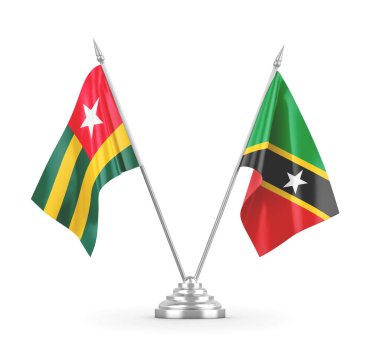 Saint Kitts, Nevis ve Togo masa bayrakları beyaz 3D görüntülerde izole edilmiş.