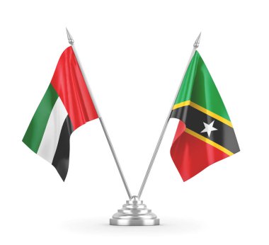 Saint Kitts, Nevis ve Birleşik Arap Emirlikleri masa bayrakları beyaz üzerine izole edildi.