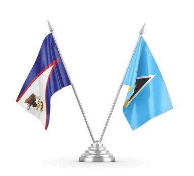 Saint Lucia ve Amerikan Samoa masa bayrakları beyaz 3D görüntüleme