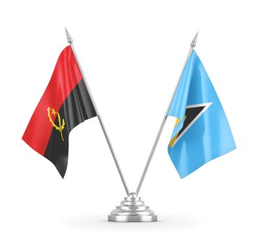 Saint Lucia ve Angola masa bayrakları beyaz 3D görüntüleme üzerinde izole edildi