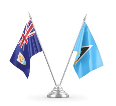 Saint Lucia ve Anguilla masa bayrakları beyaz 3D görüntüleme üzerinde izole