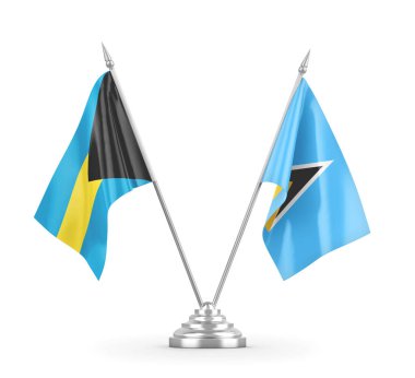 Saint Lucia ve Bahama masa bayrakları beyaz 3D görüntüleme üzerinde izole