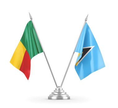 Saint Lucia ve Benin masa bayrakları beyaz 3D görüntüleme üzerinde izole