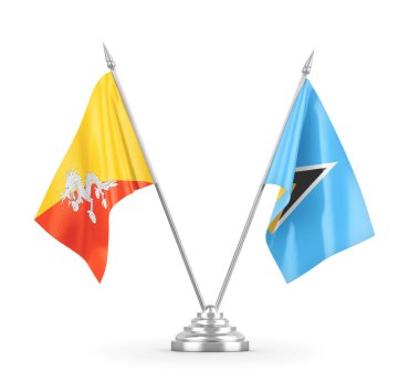 Saint Lucia ve Bhutan masa bayrakları beyaz 3D görüntüleme