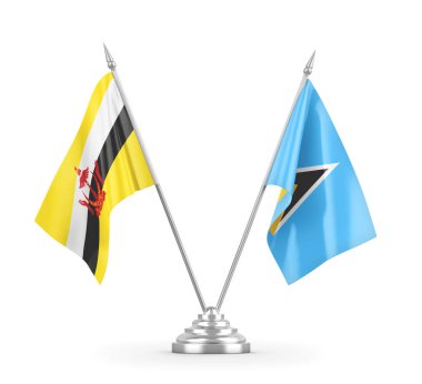 Saint Lucia ve Brunei masa bayrakları beyaz 3D görüntüleme üzerinde izole