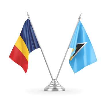 Saint Lucia ve Chad masa bayrakları beyaz 3D görüntüleme üzerinde izole