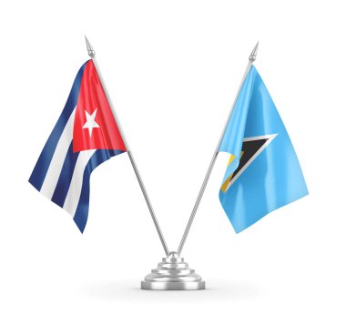 Saint Lucia ve Küba masa bayrakları beyaz 3D görüntüleme üzerinde izole