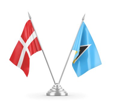 Saint Lucia ve Danimarka bayrakları beyaz 3D görüntüleme üzerinde izole edildi