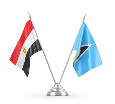 Saint Lucia ve Mısır masa bayrakları beyaz 3D görüntüleme üzerinde izole