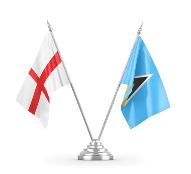 Saint Lucia ve İngiltere masa bayrakları beyaz 3D görüntüleme üzerinde izole