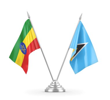 Saint Lucia ve Etiyopya masa bayrakları beyaz 3D görüntüleme