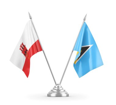 Saint Lucia ve Gibraltar masa bayrakları beyaz 3D görüntüleme