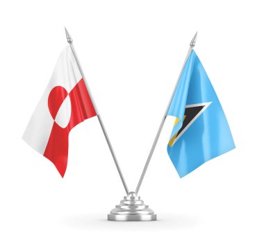 Saint Lucia ve Grönland masa bayrakları beyaz 3D görüntüleme üzerinde izole