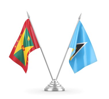 Saint Lucia ve Grenada masa bayrakları beyaz 3D görüntüleme üzerinde izole