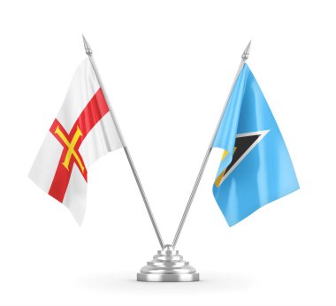 Saint Lucia ve Guernsey masa bayrakları beyaz 3D görüntüleme
