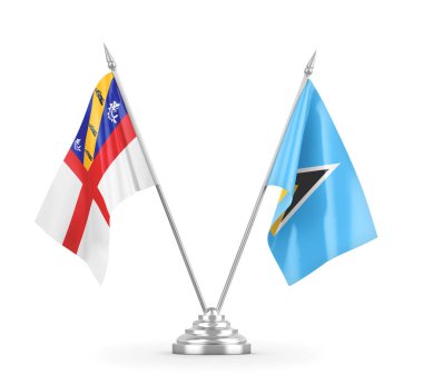 Saint Lucia ve Herm masa bayrakları beyaz 3D görüntüleme üzerinde izole edildi