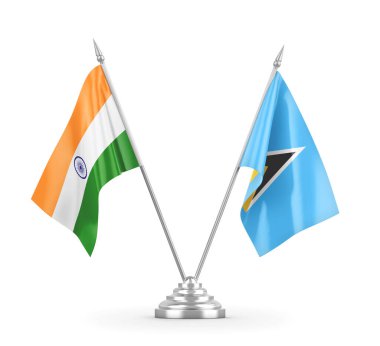 Saint Lucia ve Hindistan masa bayrakları beyaz 3D görüntüleme üzerinde izole