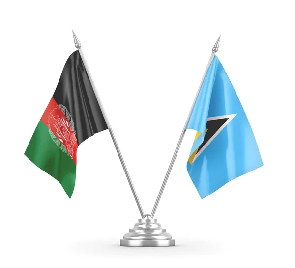 Banderas de mesa de Santa Lucía y Afganistán aisladas en renderizado 3D blanco — Foto de Stock