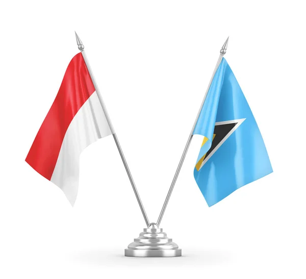 Flag tabel Saint Lucia dan Indonesia terisolasi pada render 3D putih — Stok Foto