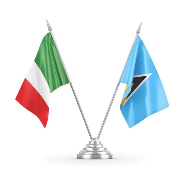 Saint Lucia ve İtalya masa bayrakları beyaz 3D görüntüleme üzerinde izole