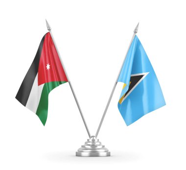 Saint Lucia ve Jordan masa bayrakları beyaz 3D görüntüleme üzerinde izole edildi