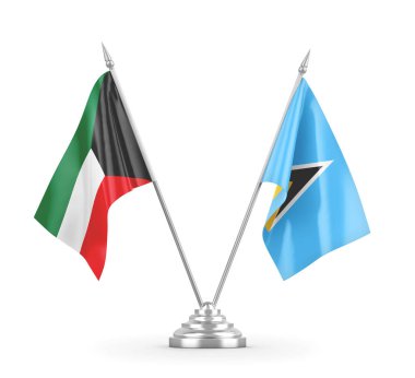 Saint Lucia ve Kuveyt masa bayrakları beyaz 3D görüntüleme üzerinde izole