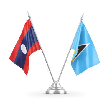 Saint Lucia ve Laos masa bayrakları beyaz 3D görüntüleme üzerinde izole.