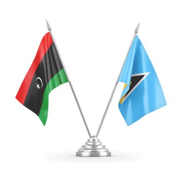Saint Lucia ve Libya masa bayrakları beyaz 3D görüntüleme üzerinde izole edildi