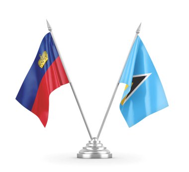 Saint Lucia ve Lihtenştayn masa bayrakları beyaz 3D görüntüleme