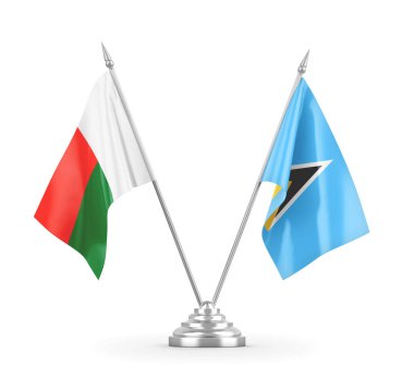 Saint Lucia ve Madagaskar masa bayrakları beyaz 3D görüntüleme üzerinde izole