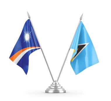 Saint Lucia ve Marshall Adaları masa bayrakları beyaz 3D görüntüleme üzerinde izole