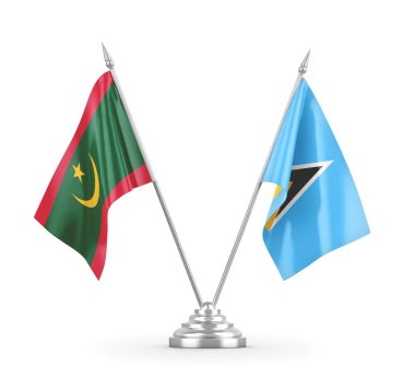 Saint Lucia ve Moritanya masa bayrakları beyaz 3D görüntüleme