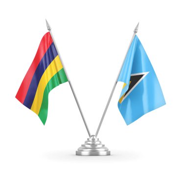 Saint Lucia ve Mauritius masa bayrakları beyaz 3D görüntüleme üzerinde izole
