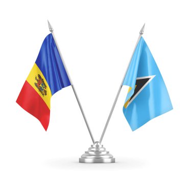Saint Lucia ve Moldova masa bayrakları beyaz 3D görüntüleme üzerinde izole edildi
