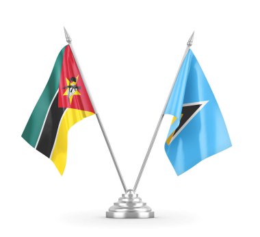 Saint Lucia ve Mozambik masa bayrakları beyaz 3D görüntüleme üzerinde izole