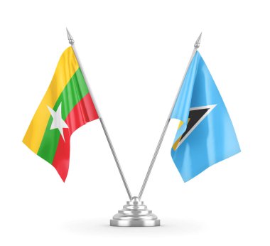 Saint Lucia ve Myanmar masa bayrakları beyaz 3D görüntüleme üzerinde izole