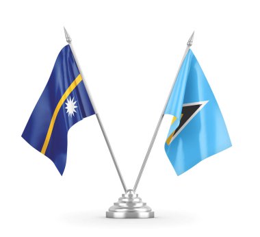 Saint Lucia ve Nauru masa bayrakları beyaz 3D görüntüleme üzerinde izole