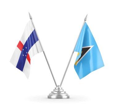 Saint Lucia ve Hollanda Antiller masa bayrakları beyaz 3D görüntüleme