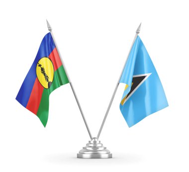 Saint Lucia ve Yeni Kaledonya masa bayrakları beyaz 3D görüntüleme üzerinde izole