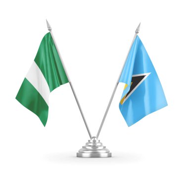 Saint Lucia ve Nijerya masa bayrakları beyaz 3D görüntüleme üzerinde izole edildi