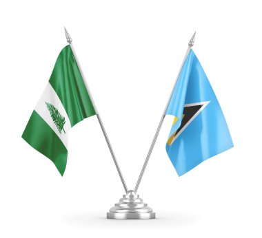 Saint Lucia ve Norfolk Adaları masa bayrakları beyaz 3D görüntülerde izole edilmiştir.