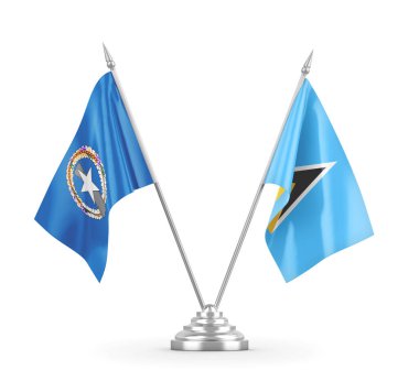Saint Lucia ve Kuzey Mariana Adaları masa bayrakları beyazlar üzerinde izole