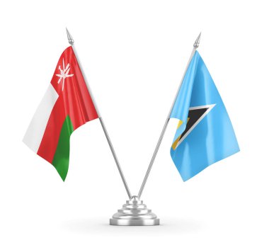 Saint Lucia ve Umman masa bayrakları beyaz 3D görüntüleme üzerinde izole