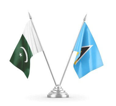 Saint Lucia ve Pakistan masa bayrakları beyaz 3D görüntüleme üzerinde izole