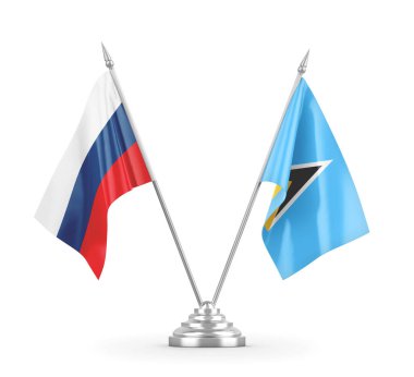 Saint Lucia ve Rusya masa bayrakları beyaz 3D görüntüleme üzerinde izole edildi