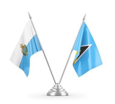 Saint Lucia ve San Marino masa bayrakları beyaz 3D görüntüleme