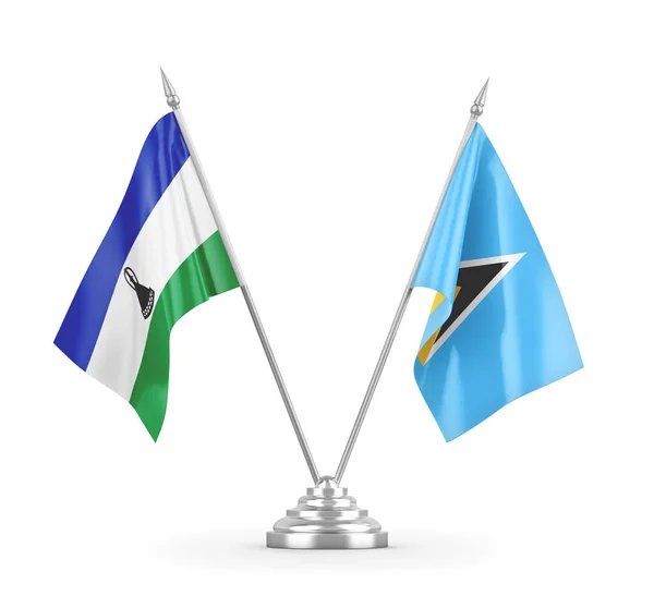 Banderas de mesa Santa Lucía y Lesotho aisladas en renderizado 3D blanco — Foto de Stock