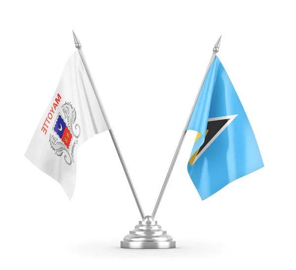 Banderas de mesa Santa Lucía y Mayotte aisladas en renderizado 3D blanco — Foto de Stock