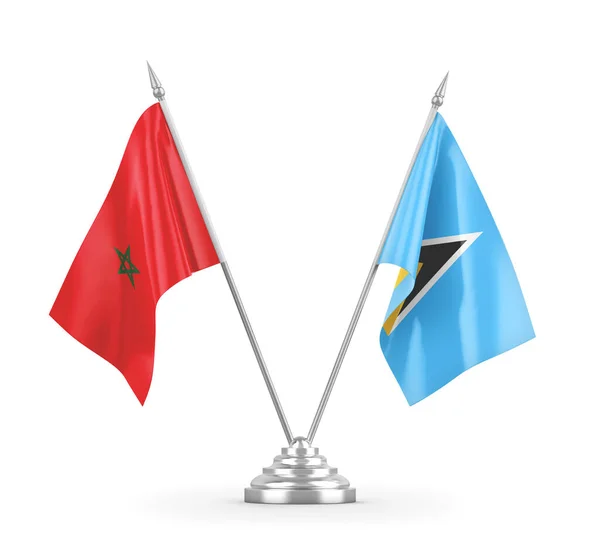 Banderas de mesa Santa Lucía y Marruecos aisladas en renderizado 3D blanco — Foto de Stock