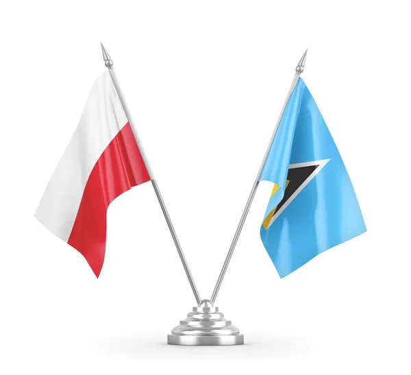 Flagi stołowe Saint Lucia i Polska izolowane na białym renderingu 3D — Zdjęcie stockowe